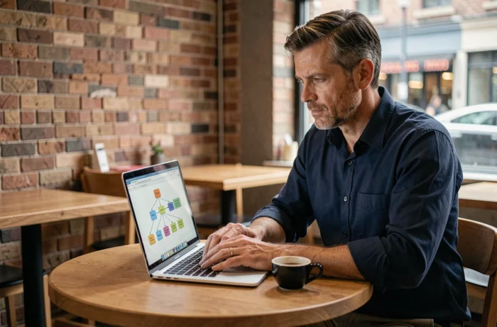 Homme consultant un plan de site hiérarchique sur un ordinateur portable dans un café urbain