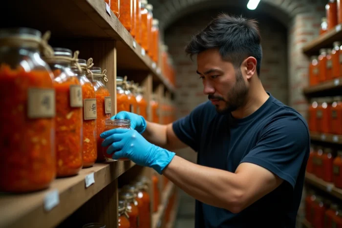 Homme vérifiant l'étanchéité de bocaux de kimchi en cours de fermentation dans une cave, pour prévenir les risques de botulisme