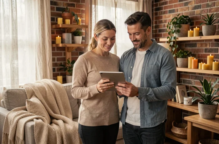 Couple consultant des données de consommation énergétique sur une tablette dans un salon aménagé avec des matériaux durables, maison écologique et économies d'énergie