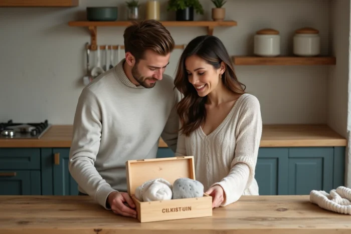 Couple découvrant un coffret cadeau personnalisé pour naissance incluant couverture brodée et plaque en céramique prénom bébé