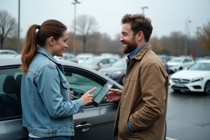 Couple consultant un guide automobile sur tablette lors de l'achat d'une voiture d'occasion