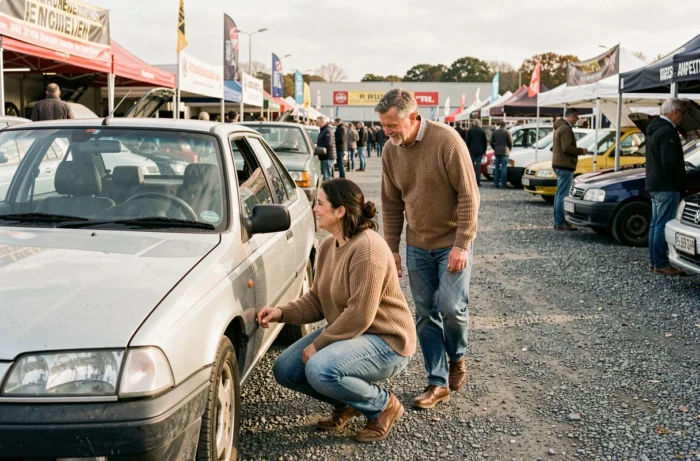 Un couple inspecte une voiture d'occasion dans un marché automobile en plein air