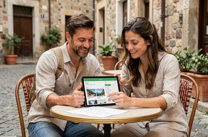 Couple planifiant leur voyage ensemble à une terrasse de café européenne avec tablette et liste de bagages manuscrite