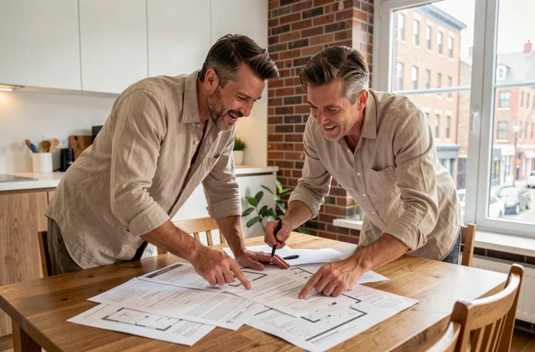 Couple étudiant des documents immobiliers et des plans de maison sur une table en bois dans un appartement moderne