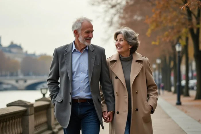 Couple élégant se promenant le long de la Seine à Paris en automne, atmosphère complice et détendue