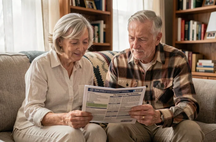 Couple de seniors examinant ensemble une brochure de mutuelle santé adaptée aux maladies chroniques dans leur salon