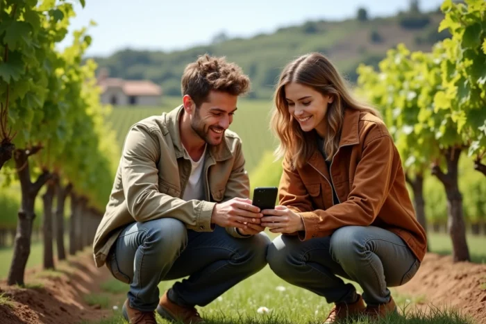 Couple consultant le sitemap d'un domaine viticole sur smartphone entre les rangées de vignes
