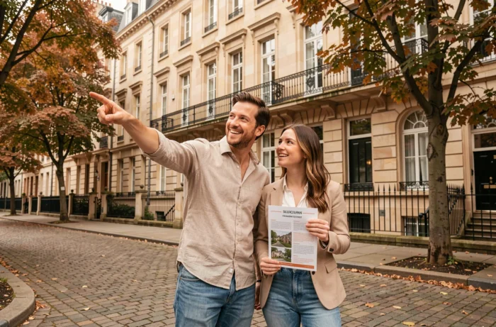 Couple visitant un immeuble résidentiel en pierre dans un quartier européen pour un investissement locatif