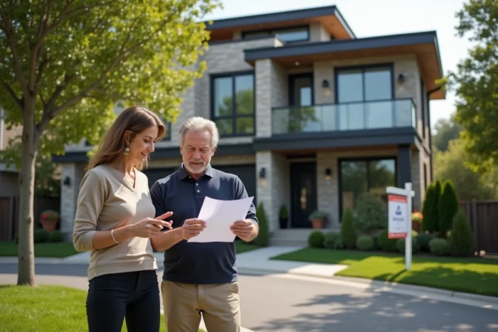 Couple visitant une propriété résidentielle moderne lors d'une recherche d'investissement immobilier