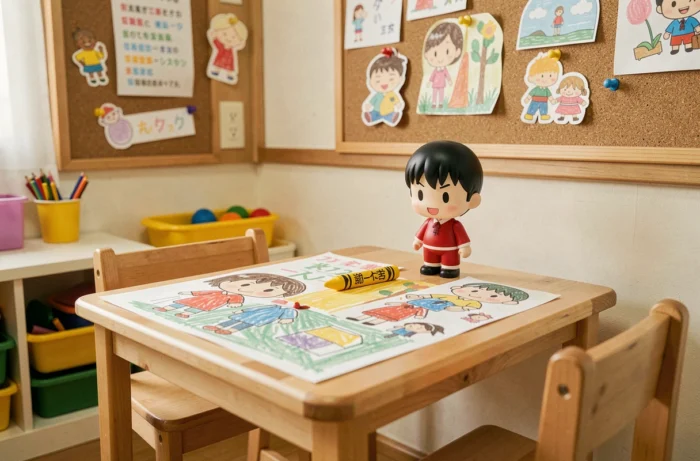 Coin de classe maternelle avec dessins au crayon et figurine évoquant l'univers familial de Crayon Shin-chan