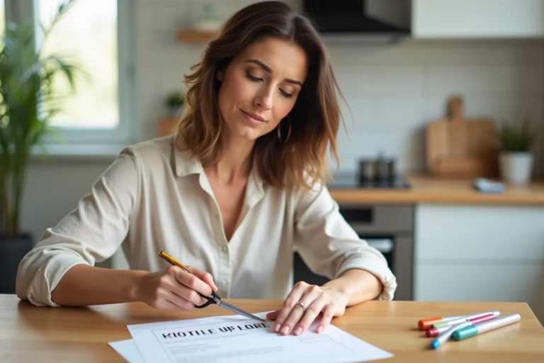 Femme créant une étiquette personnalisée pour boîte aux lettres à une table en bois avec ciseaux et marqueurs