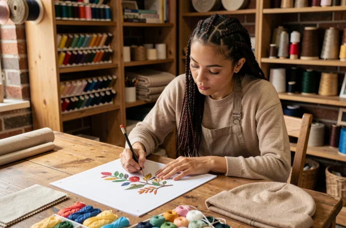 Femme artisane dessinant un motif de broderie personnalisé pour bonnet dans un atelier artisanal