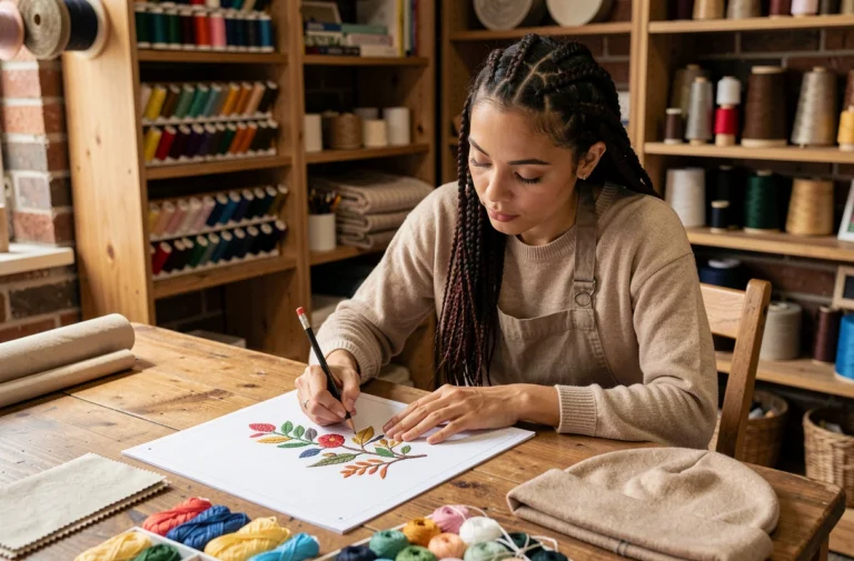 Femme artisane dessinant un motif de broderie personnalisé pour bonnet dans un atelier artisanal