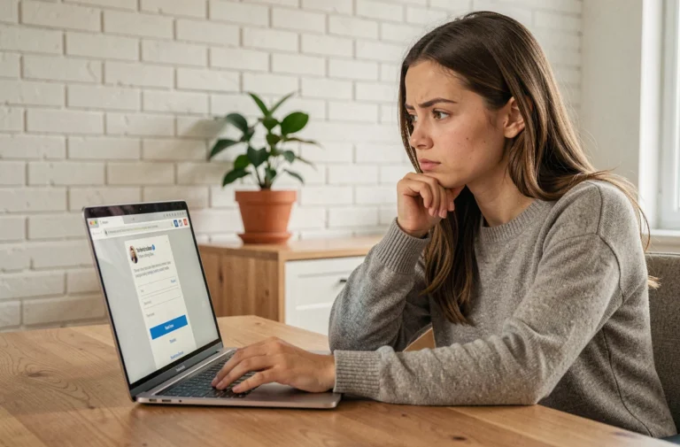 Jeune femme créant un compte Twitter sans numéro de téléphone sur son ordinateur portable dans un bureau à domicile moderne