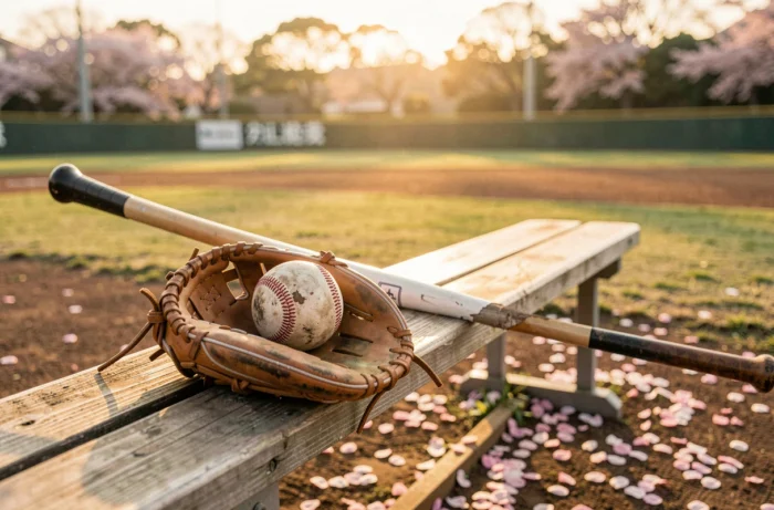 Gant de baseball et cerisiers en fleurs sur un terrain japonais évoquant le manga sportif Cross Game de Mitsuru Adachi