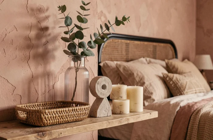 Étagère de chambre décorée avec vase en verre côtelé, sculpture en plâtre abstraite et bougies ivoire dans un intérieur bohème chaleureux