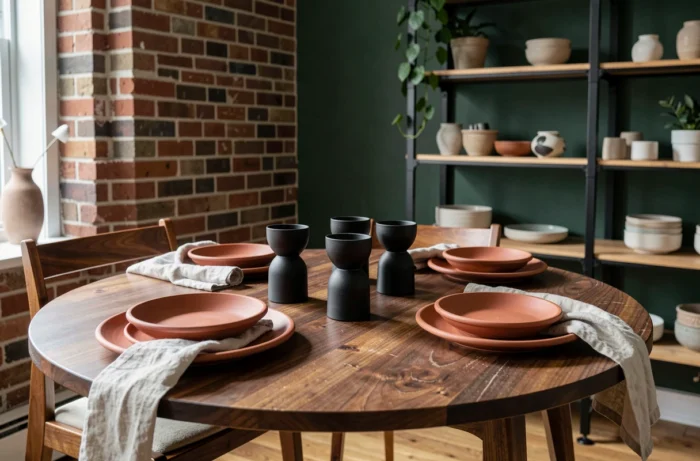 Table à manger ronde en noyer avec vaisselle artisanale en terre cuite et bougies dans un appartement au style mid-century moderne