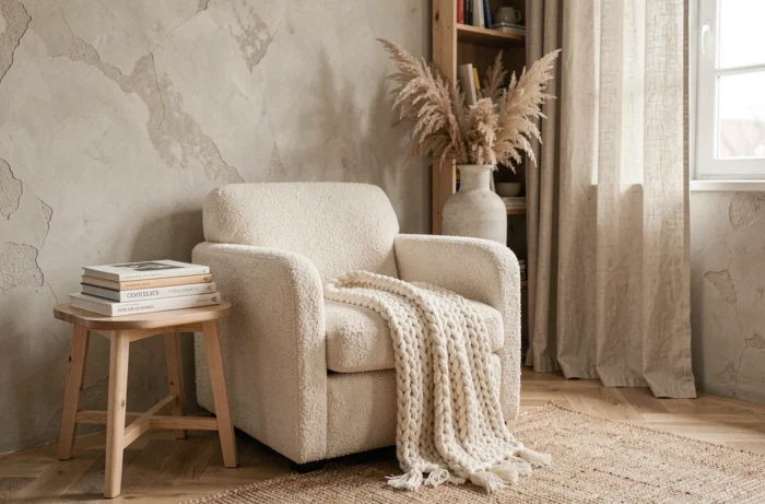 Coin salon décoré dans un style scandinave minimaliste avec fauteuil bouclé crème, vase en céramique et herbes de la pampa séchées