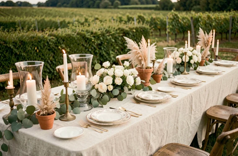 Table de mariage champêtre décorée de roses blanches, bougies et vaisselle vintage dans un jardin de campagne française