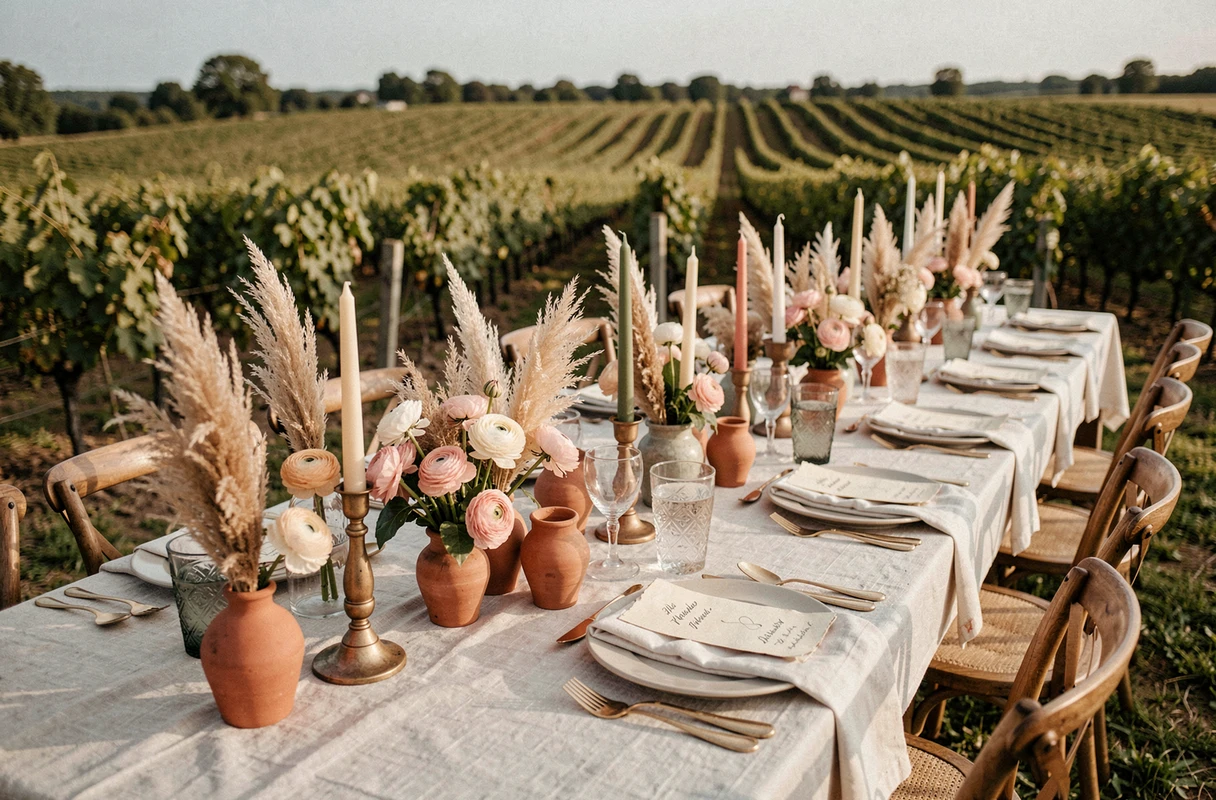 Table de réception de mariage décorée de fleurs séchées et de bougies en terracotta dans un vignoble en Provence