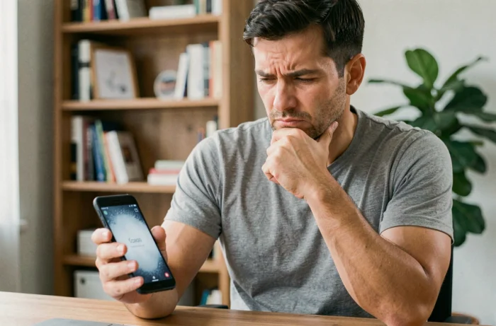 Homme tenant un smartphone Android avec un écran bloqué, assis à un bureau en bois dans un bureau à domicile moderne