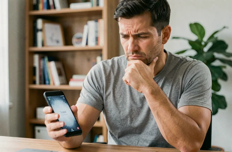 Homme tenant un smartphone Android avec un écran bloqué, assis à un bureau en bois dans un bureau à domicile moderne