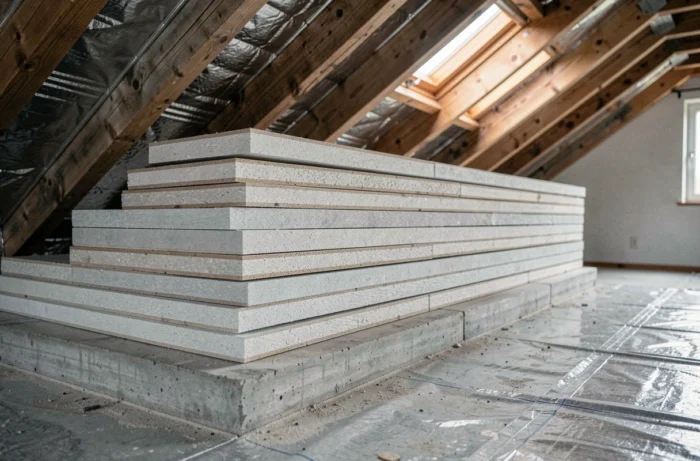 Détail des couches de panneaux isolants thermiques installés entre les solives d'un comble résidentiel vide