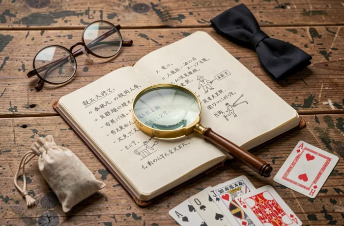 Loupe, lunettes rondes et carnet d'indices sur un bureau en bois évoquant l'univers policier de Detective Conan