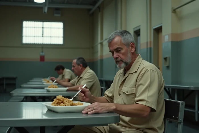 Détenu en uniforme pénitentiaire assis seul à table pendant le repas à la cantine en prison