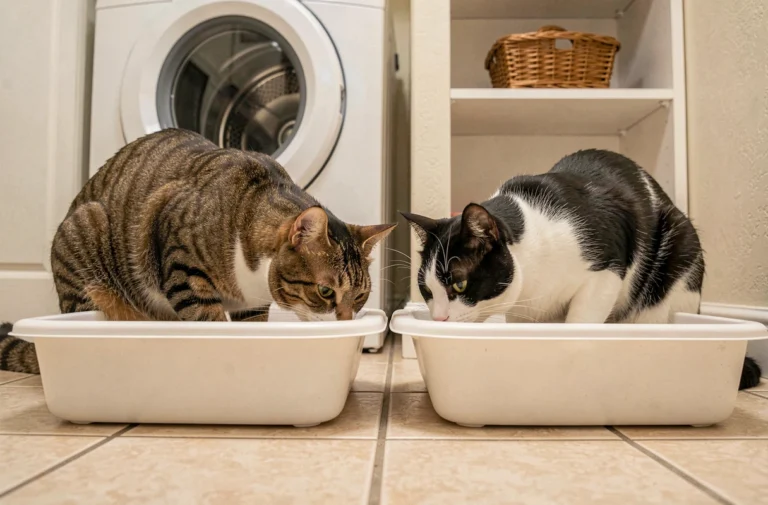 Deux chats domestiques s'approchant de deux litières séparées dans une buanderie propre et organisée