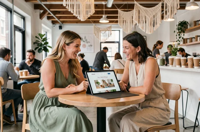 Deux femmes explorant ensemble un site de mode éthique sur tablette dans un café co-working éco-responsable