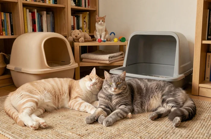 Deux chats au repos dans un salon avec deux types de litières différentes disposées discrètement dans un coin