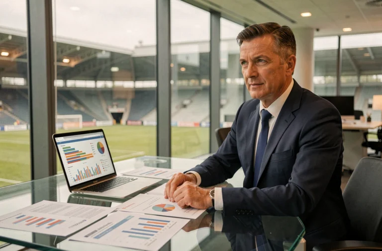 Directeur financier d'un club de Ligue 1 analysant le budget annuel sur des tableaux de données dans un bureau moderne avec vue sur le stade