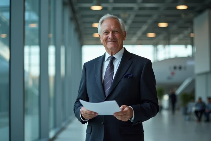 Dirigeant exécutif d'Airbus en costume dans le hall du siège social avec vue sur les hangars d'assemblage d'avions