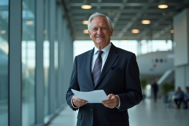 Dirigeant exécutif d'Airbus en costume dans le hall du siège social avec vue sur les hangars d'assemblage d'avions