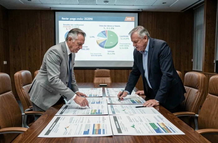 Deux dirigeants d'un club de football en réunion budgétaire dans une salle de conférence de stade avec rapports financiers et graphiques projetés