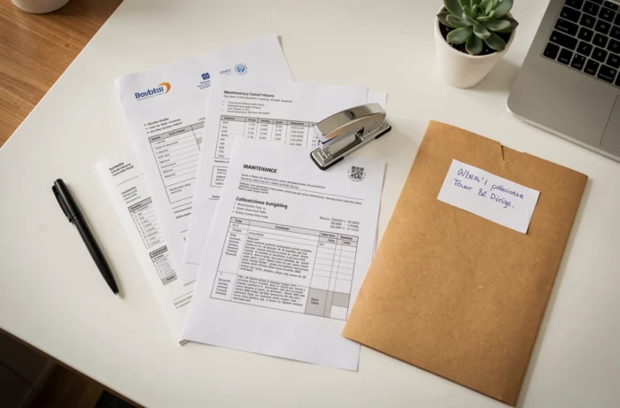 Vue de dessus de documents administratifs liés au chauffage en copropriété organisés sur un bureau