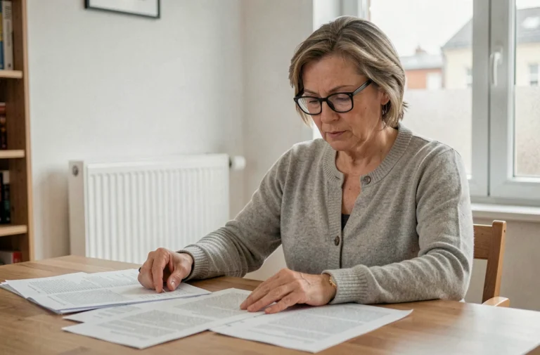 Femme copropriétaire qui consulte des documents de chauffage collectif à son bureau dans un appartement moderne