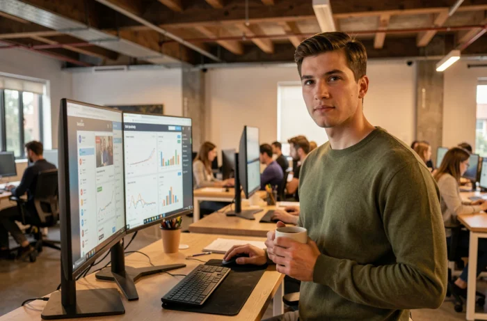 Éditeur numérique jeune travaillant sur une plateforme d'agrégation d'informations dans un espace de coworking moderne, symbolisant les outils numériques de Full Press Info