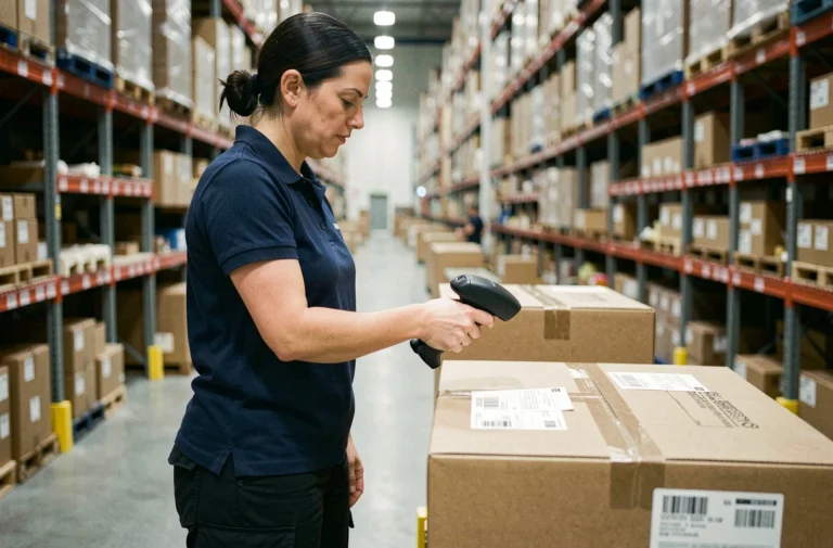 Employée de logistique scannant un colis dans un entrepôt e-commerce organisé