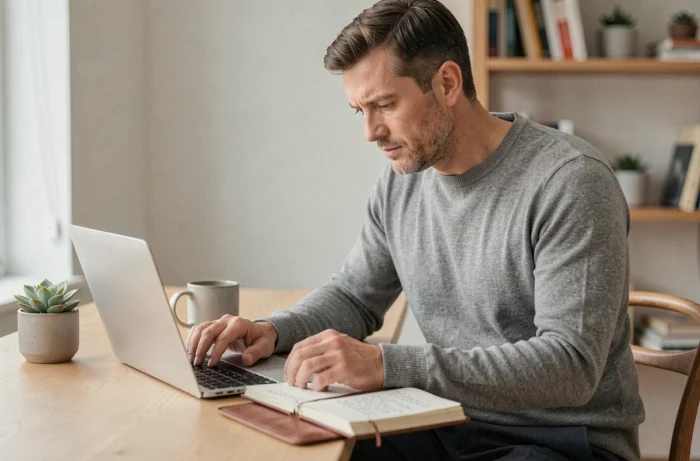 Entrepreneur concentré travaillant sur son ordinateur portable dans un bureau à domicile minimaliste, illustrant les conseils pour réussir dans le business en 2024