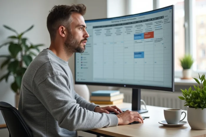 Entrepreneur en télétravail consultant un calendrier de marketing de contenu sur un écran moderne dans un bureau minimaliste à domicile