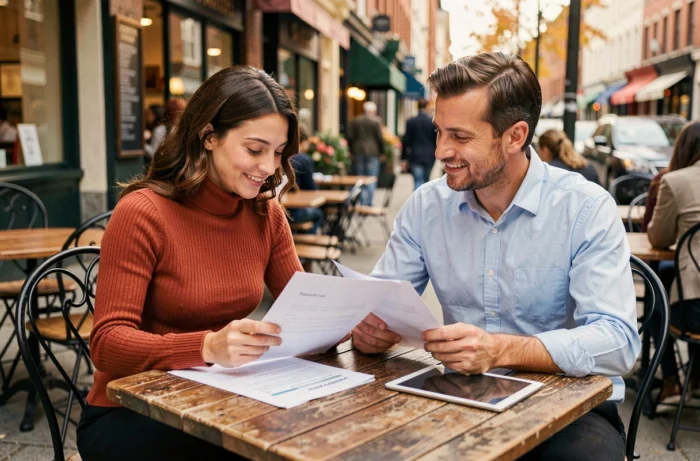 Deux entrepreneurs discutant d'une stratégie de services personnalisés autour d'un café en terrasse urbaine