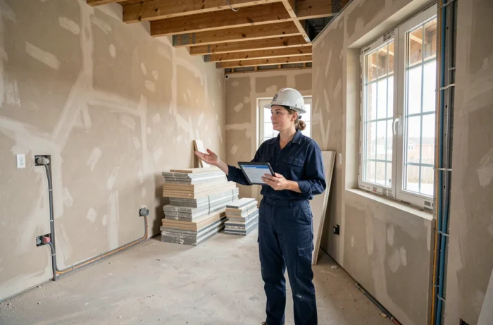 Entrepreneuse en bâtiment supervisant des travaux de rénovation dans un appartement en chantier