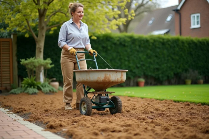 Femme utilisant un épandeur mécanique pour semer du gazon au printemps dans un jardin résidentiel