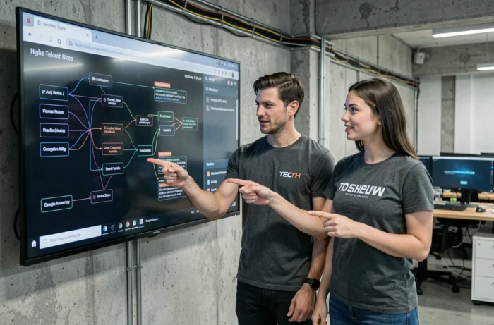 Deux collègues discutant du plan de site d'un blog high-tech affiché sur un écran tactile dans un bureau de startup