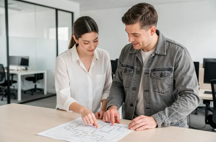 Deux collègues analysant ensemble un plan de site imprimé dans un espace de coworking