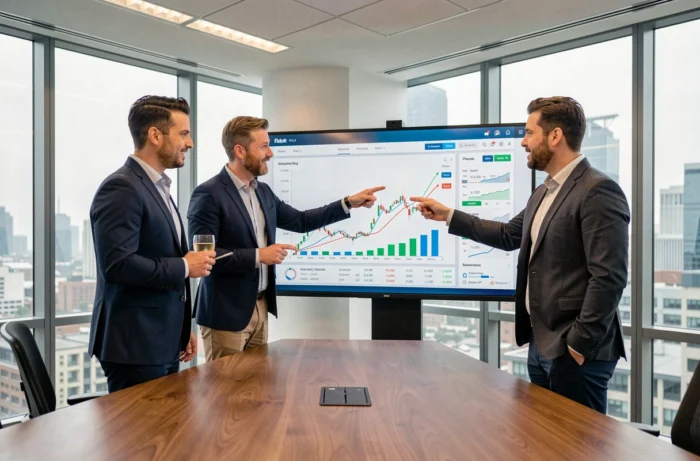 Équipe de professionnels bancaires analysant des données financières sur un écran tactile en salle de réunion, illustrant les tendances stratégiques du secteur bancaire français en 2024