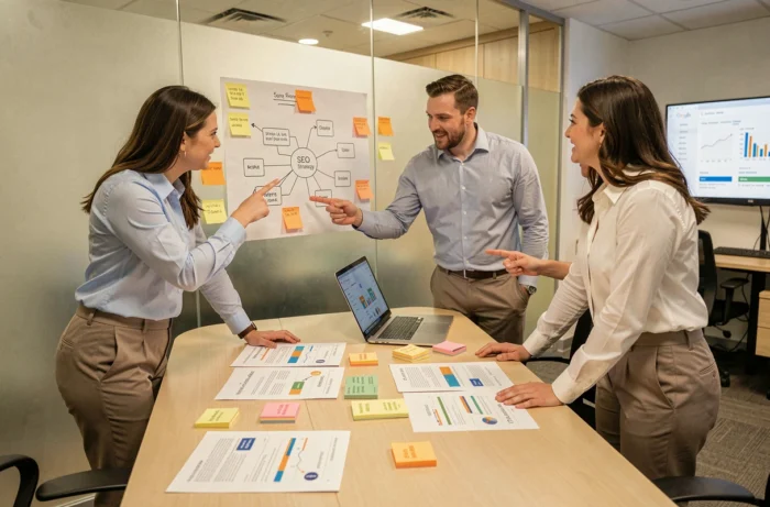 Équipe marketing collaborant autour d'une stratégie de référencement naturel lors d'une réunion de travail