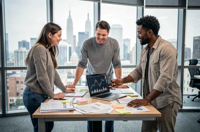 Équipe de collègues discutant des tendances d'investissement autour d'une table dans un espace de coworking